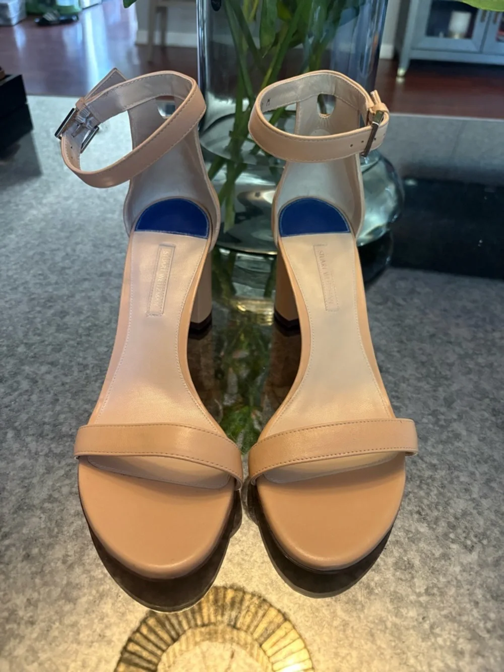 Stuart Weitzman Blush Nude Ankle Strap Block Heel Sandals